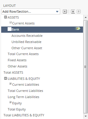 Screenshot of the Layout Add Row/Section list of the Edit Layout page in the Financial Report Builder with the Bank section selected