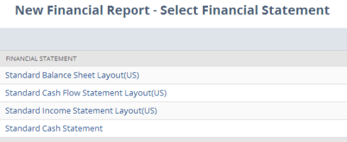 Screenshot of the Select Financial Statement page for new financial reports in the Financial Report Builder