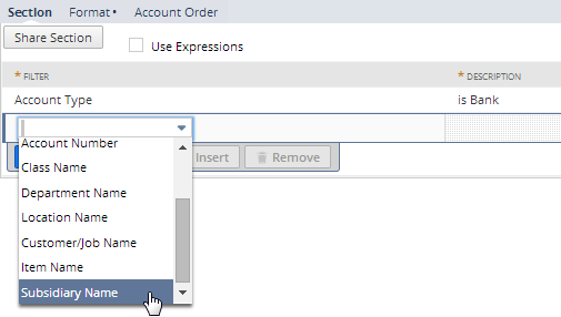 Screenshot of Account Section area, Section subtab, of the Edit Layout page in the Financial Report Builder showing filter area open to edit criteria