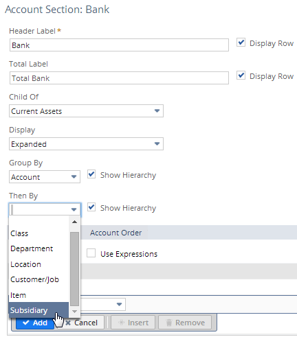 Screenshot of Account Section area of the Edit Layout page in the Financial Report Builder showing Group By options