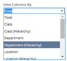Screenshot of the Edit Columns page of the Financial Report Builder showing the View Columns By list with the Total dimension selected and hierarchy options for other dimensions