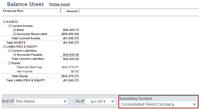 Screenshot of a balance sheet report with the Subsidiary Context list outlined in red