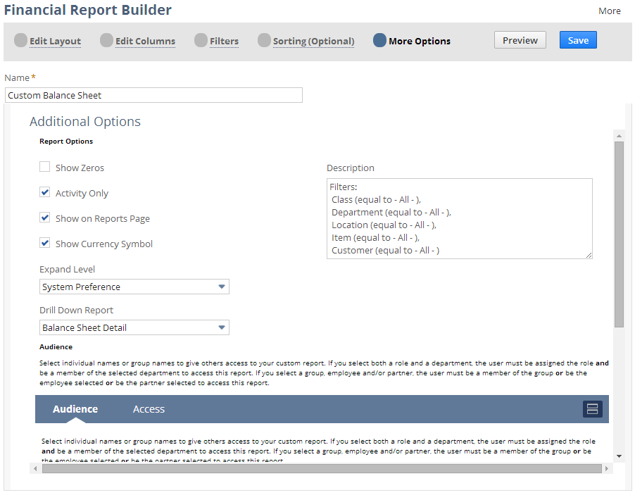 Screenshot of the More Options page of the Financial Report Builder