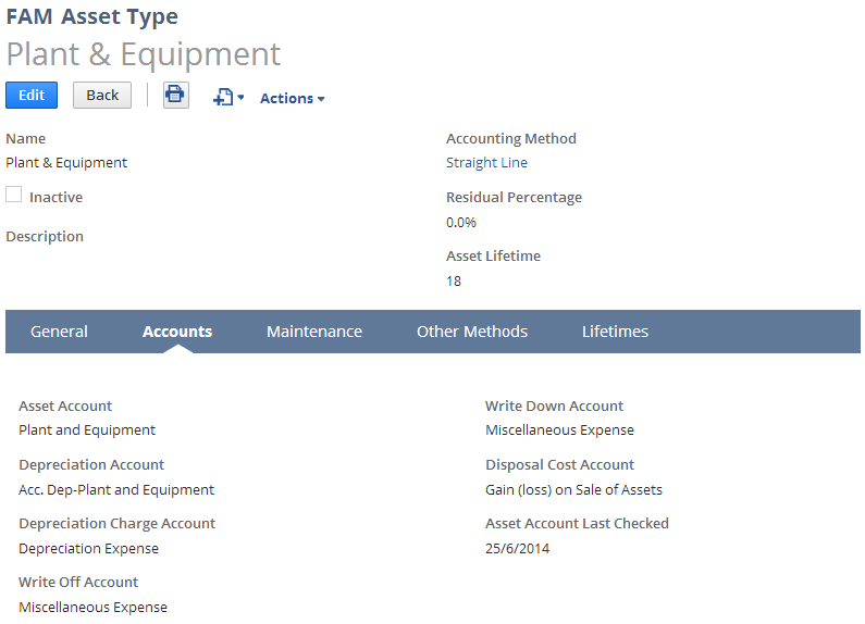 Accounts subtab of the Asset Type record