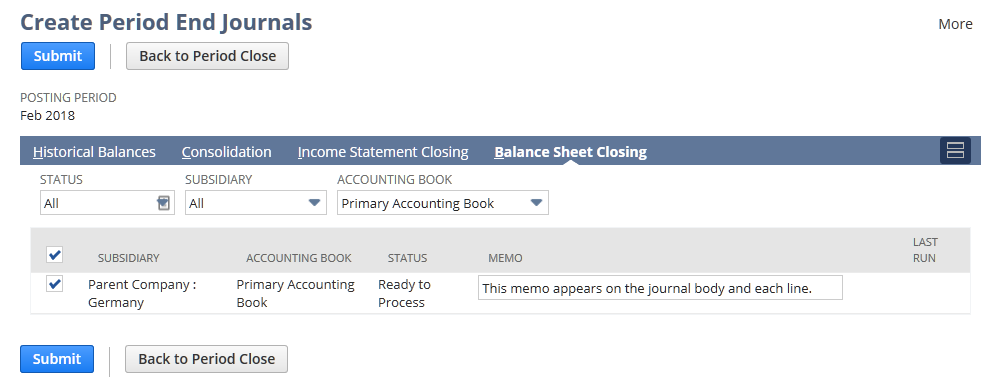 Balance Sheet Closing subtab for a specific accounting book