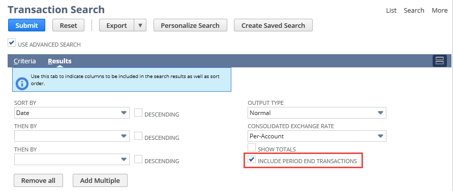 Transaction Search page, Results subtab, with the Include Period End Transactions box checked and outlined in red