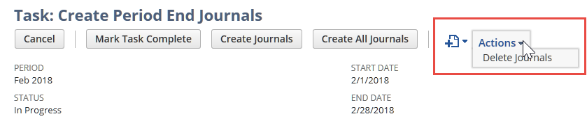 Task: Create Period End Journals page showing the Actions list and Delete Journals command