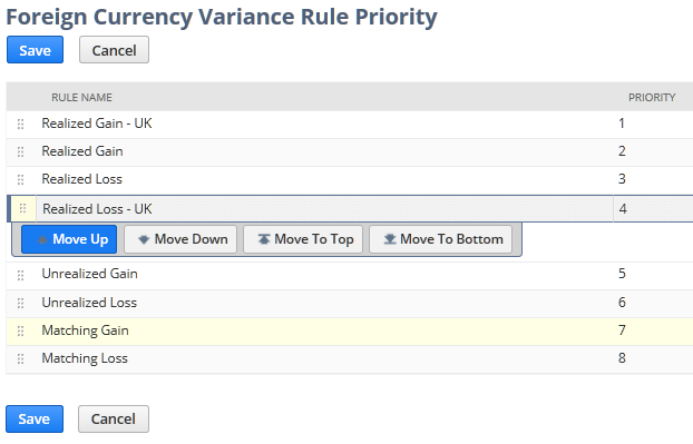 Screenshot of Foreign Currency Variance Rule Priority page showing row detail