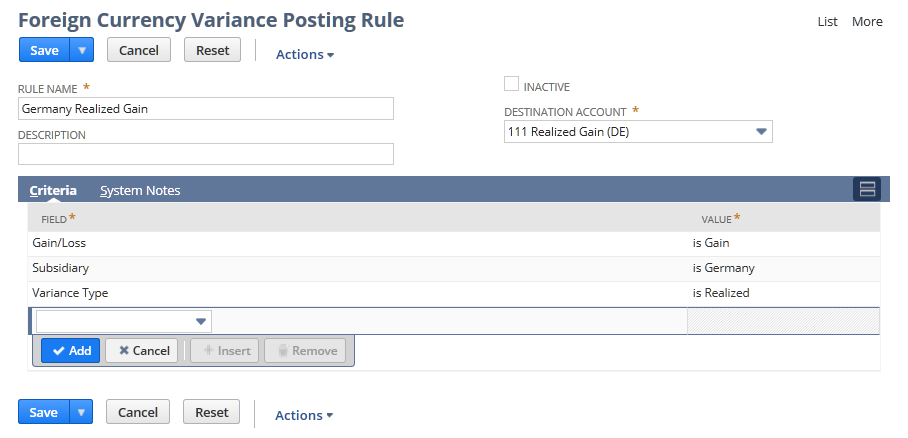 Screenshot of Foreign Currency Variance Posting Rule page