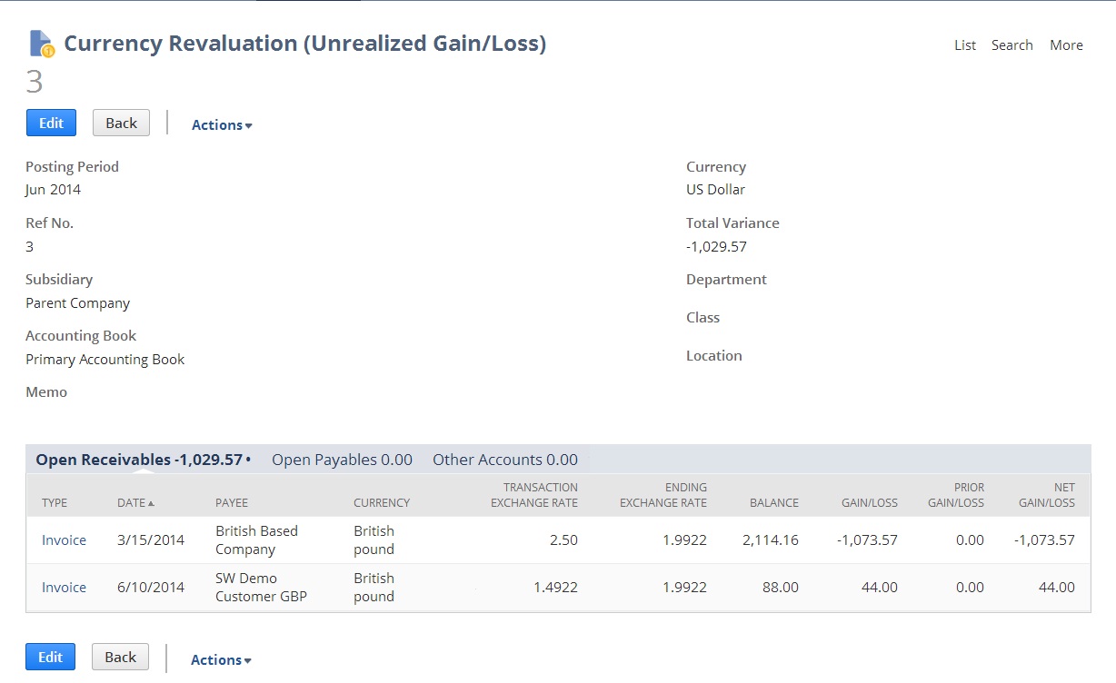 Screenshot of Currency Revaluation (Unrealized Gain/Loss) page showing Open Receivables subtab