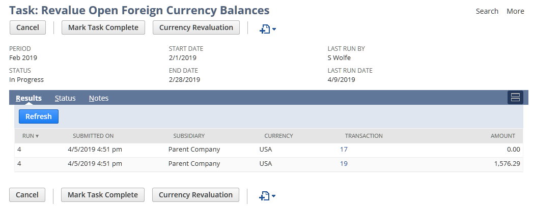 Screenshot of period close task: Revalue Open Foreign Currency Balances