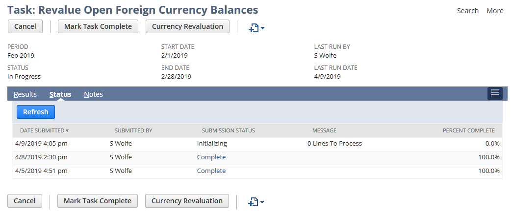 Screenshot showing Status subtab of Task: Revalue Open Foreign Currency Balances page