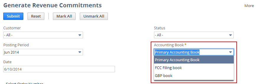 Accounting Book field on the Generate Revenue Commitments page