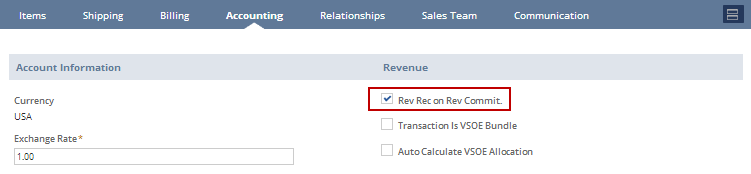 Screenshot of the Accounting subtab of a sales order with the Rev Rec on Rev Commit. box checked and outlined in red
