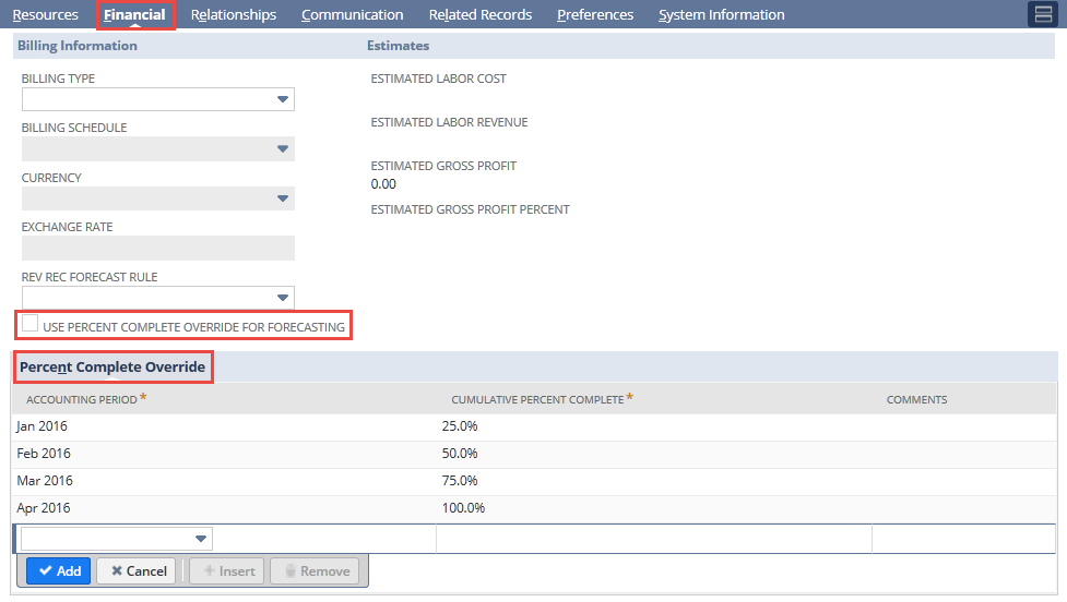 Screenshot showing the Percent Complete Override subtab on the Financial subtab of a project record