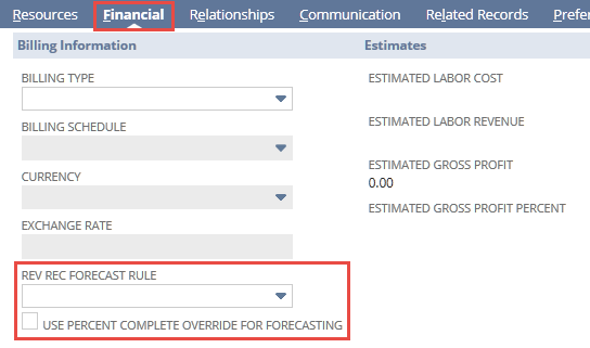 Screenshot showing the Rev Rec Forecast Rule and Use Percent Complete Override for Forecasting fields on the Financial subtab of a project record