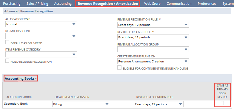 Screenshot of the Accounting Books subtab of the Revenue Recognition/Amortization subtab on an item record