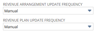 Screenshot of the accounting preferences Revenue Arrangement Update Frequency and Revenue Plan Update Frequency, set to Manual