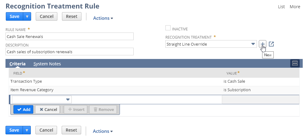 Screenshot of the Recognition Treatment Rule page with two criteria