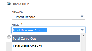 Screenshot of the Value section of the Workflow Action page showing the Field field with Total Revenue Amount selected and Total Carve-Out visible