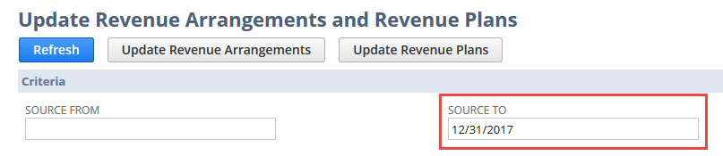 Screenshot of the Update Renvenue Arrangements and Revenue Plans page showing the Source To field in the Criteria section set to the last day of December 2017