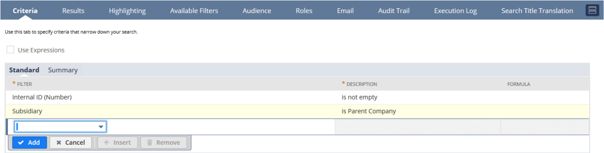 Screenshot of the Standard subtab on the Criteria subtab for the Custom Employee Search Results example