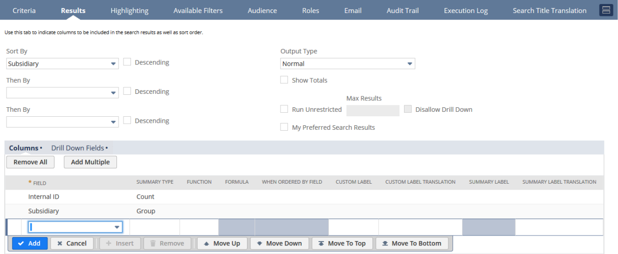 Screenshot of the Columns subtab on the Results subtab for the Custom Employee Search Results example