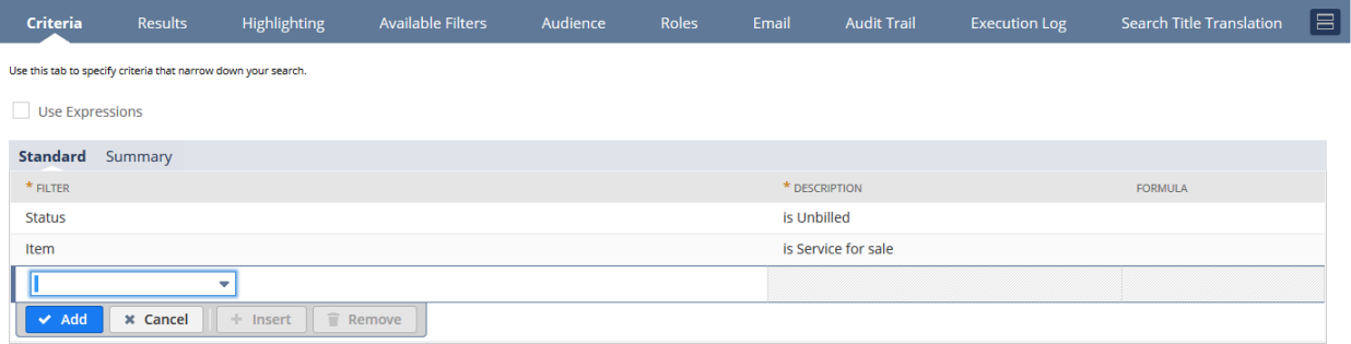 Screenshot of the Standard subtab on the Criteria subtab for the Unbilled Consultation Hours Results example