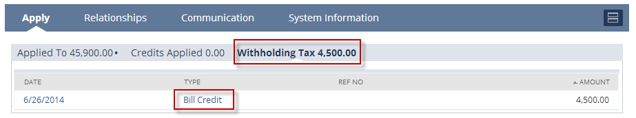 Screenshot of the Withholding Tax tab on a payment record
