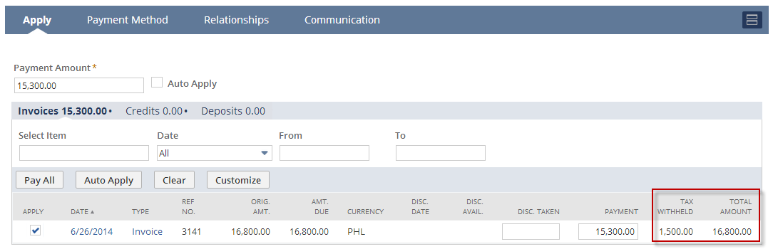 Screenshot of the Tax Withheld and Total Amount columns on a Payment page