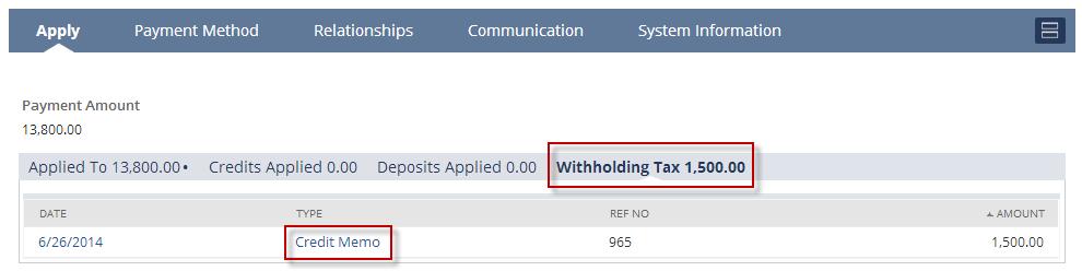 Screenshot of the Withholding Tax subtab