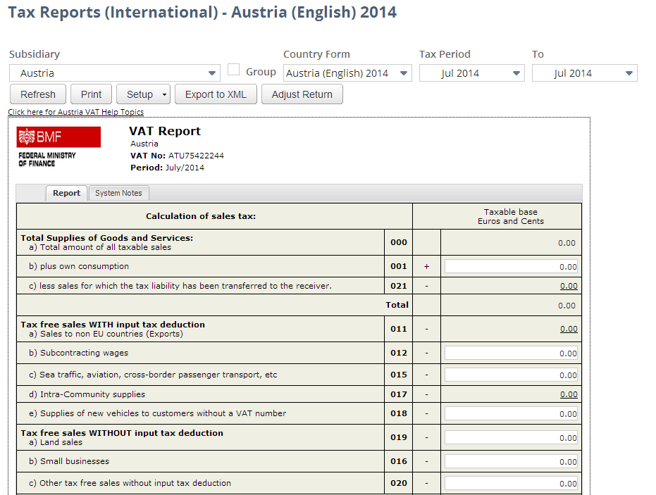 Screenshot of Austria VAT Report