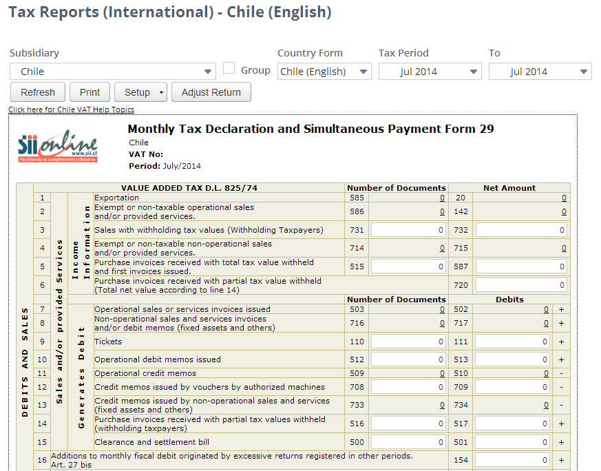 Screenshot of Chile VAT Report