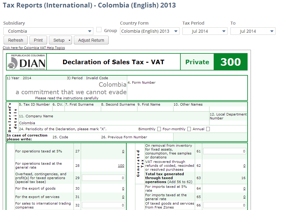 Screenshot of Colombia VAT Report