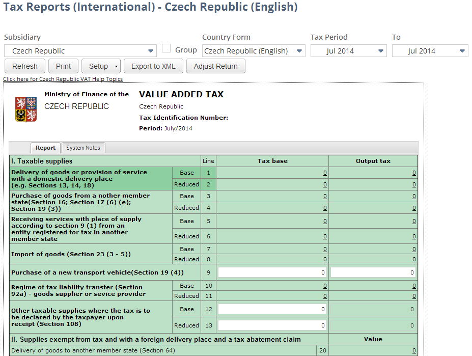 Screenshot of Czech Republic VAT Report