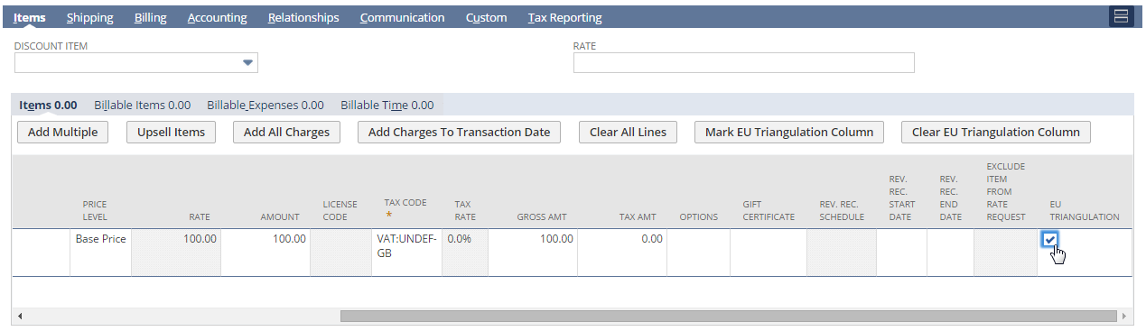 Screenshot of the EU Triangulation box on a Sales transaction record