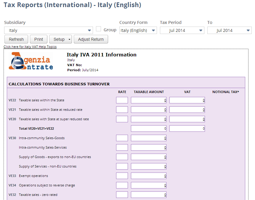 Screenshot of Italy VAT report