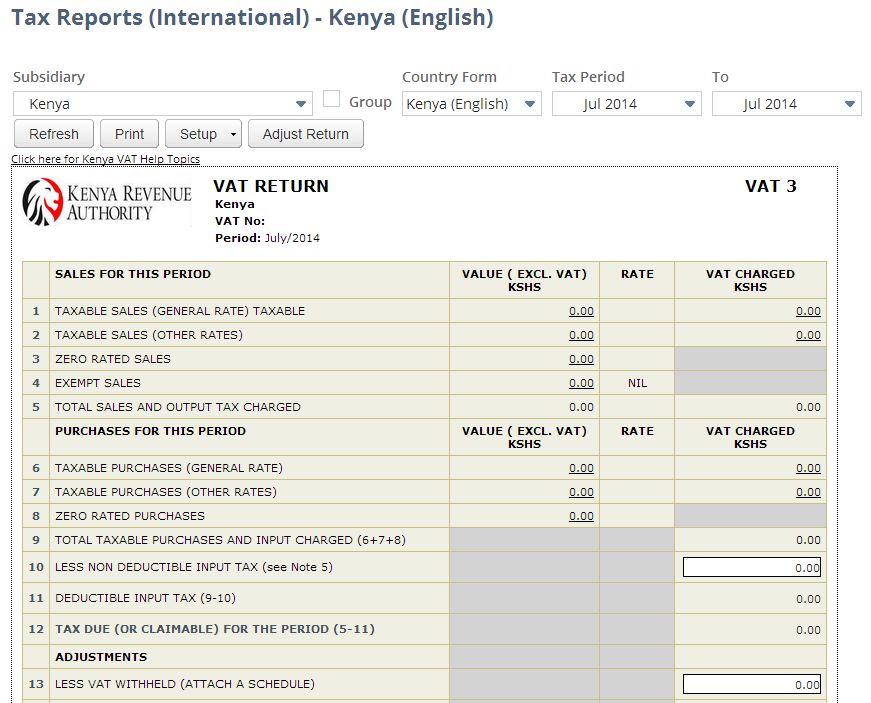 Screenshot of Kenya VAT Report