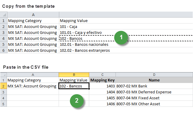 Example of copying the SAT group code value from the downloaded template to the Mapping Value column of the CSV file