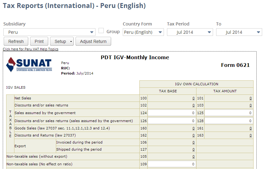 Screenshot of Peru VAT Report