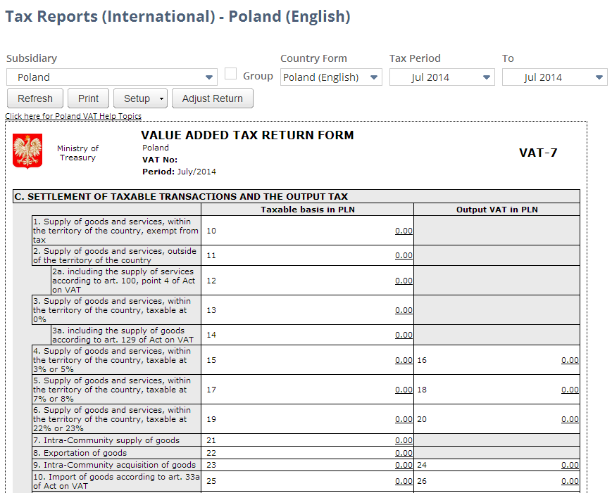 Screenshot of Poland VAT Report