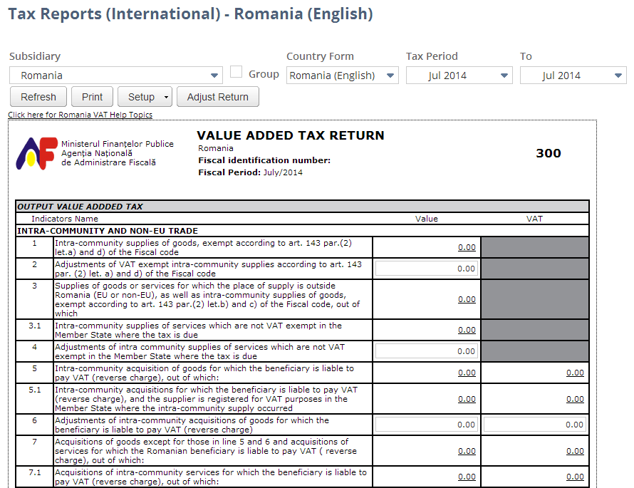 Screenshot of Romania VAT Report