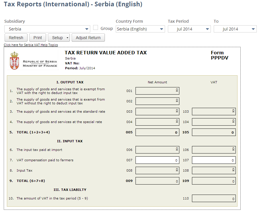 Screenshot of Serbia VAT Report