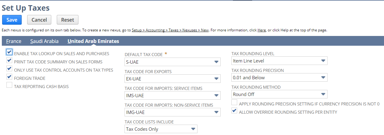 Screenshot of Set Up Taxes page