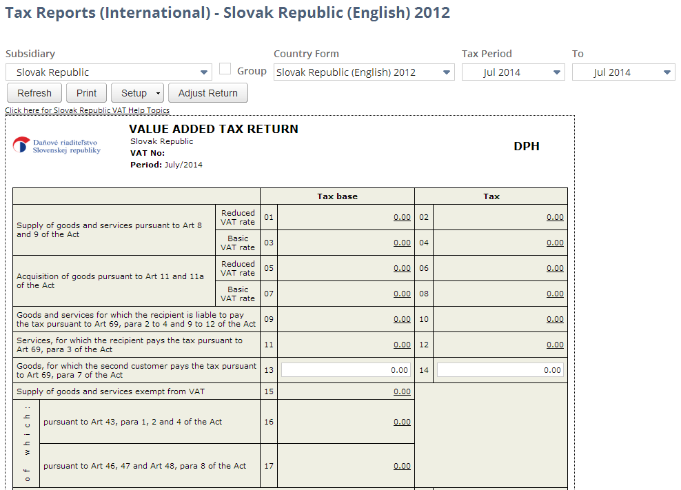 Screenshot of Slovak Republic VAT Report
