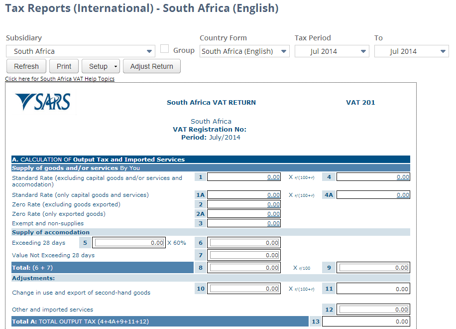 Screenshot of South Africa VAT Report