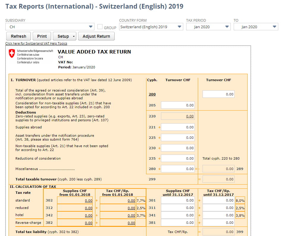 Screenshot of Switzerland VAT report