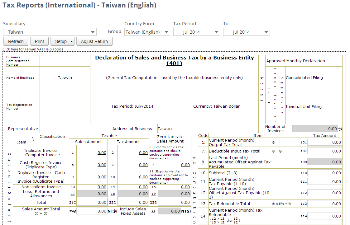 Screenshot of Taiwan VAT Report