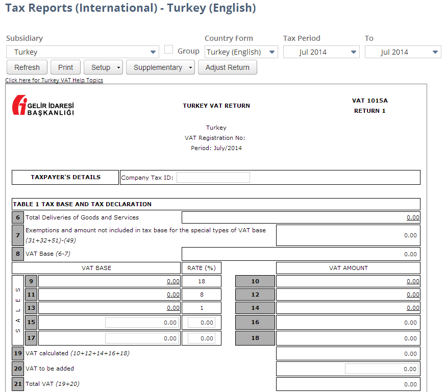 Screenshot of Turkey VAT Report