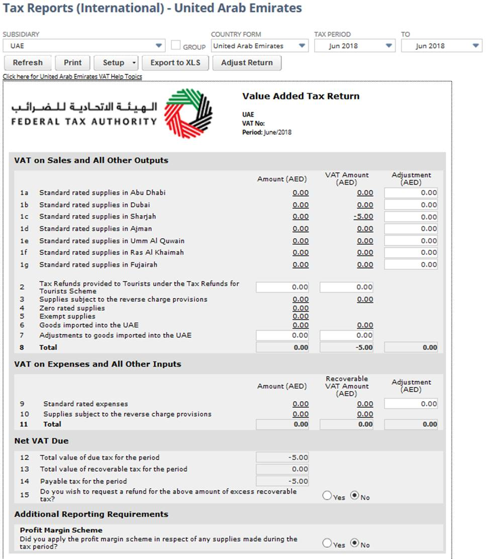 Screenshot of United Arab Emirates VAT Report